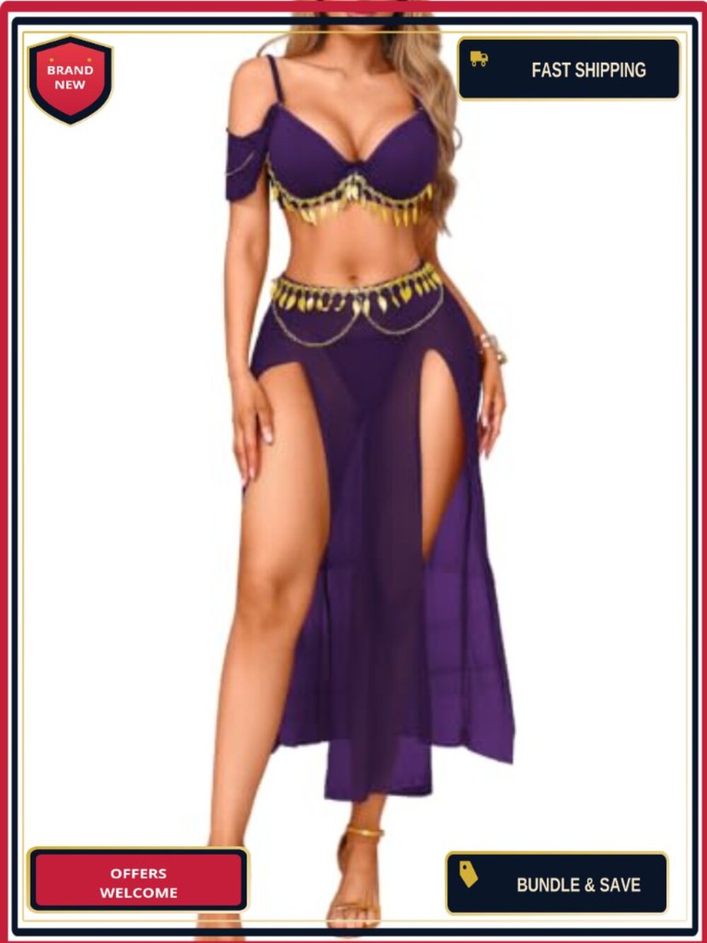 Sequin Tassel Belly Dancer 3 Piece Costume Crop Top Midi Skirt Set